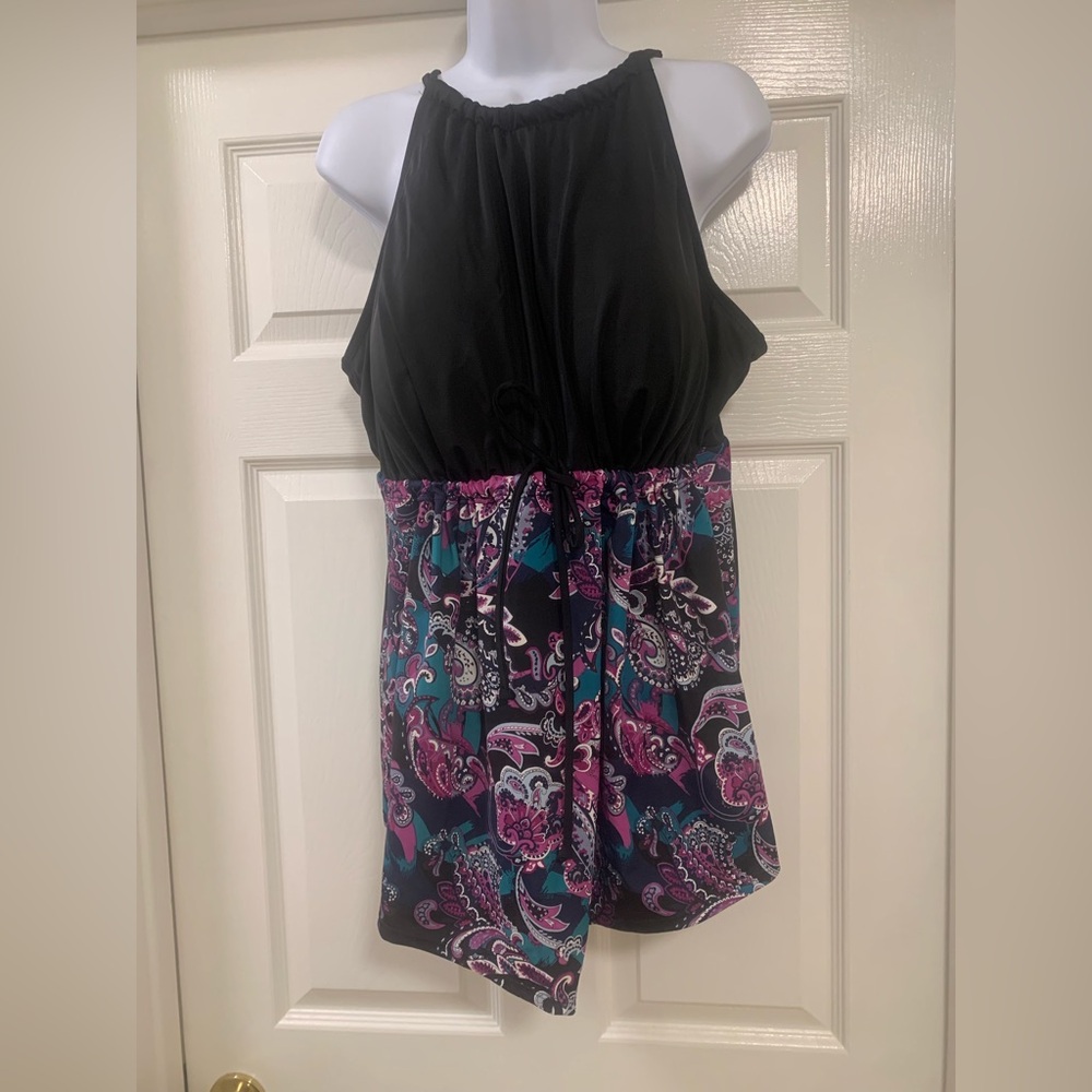 Catherine’s swim top with shark bite hem. Built in bra